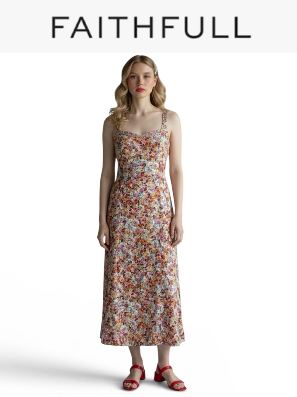 FAITHFULL THE BRAND NOEMIE MIDI DRESS IN TURNESOL FLORAL PRINT RUFFLE STRAP US 4 - Picture 1 of 14